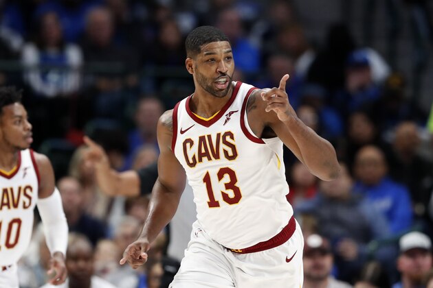 Cleveland Cavaliers center Tristan Thompson (13) celebrates scoring against the Dallas Mavericks during an NBA basketball game in Dallas, Friday, Nov. 22, 2019. (AP Photo/Tony Gutierrez)