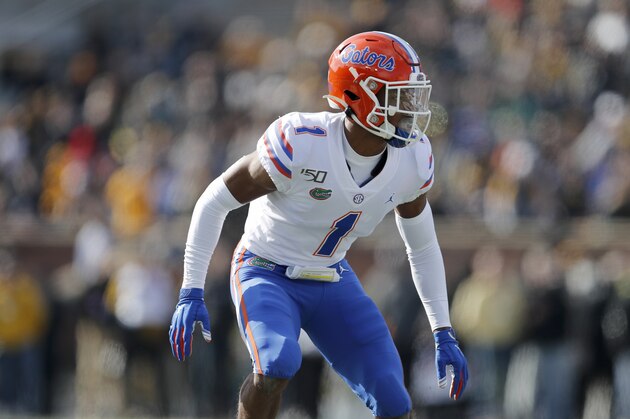 Florida defensive back CJ Henderson takes up his position during the first half of an NCAA college football game against Missouri Saturday, Nov. 16, 2019, in Columbia, Mo. (AP Photo/Jeff Roberson)