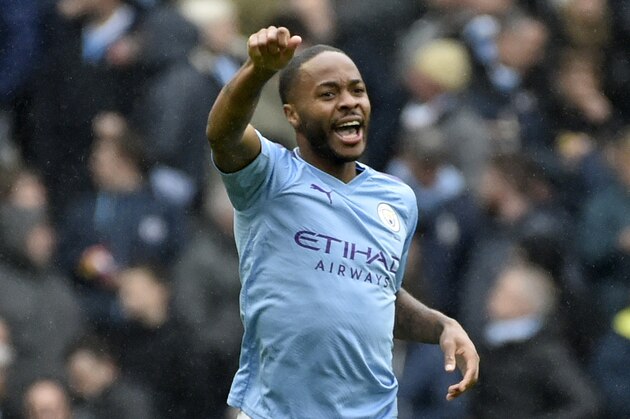 Manchester City's Raheem Sterling celebrates after scoring his side's first goal during the English Premier League soccer match between Manchester City and Aston Villa at Etihad stadium in Manchester, England, Saturday, Oct. 26, 2019. (AP Photo/Rui Vieira)