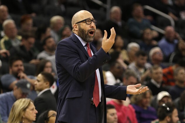 New York Knicks Head coach David Fizdale argues a call during the second half of an NBA basketball game against the Milwaukee Bucks, Monday, Dec. 2, 2019, in Milwaukee. (AP Photo/Jeffrey Phelps)