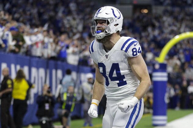 Indianapolis Colts tight end Jack Doyle (84) celebrates a touchdown catch against the Tennessee Titans during the first half of an NFL football game in Indianapolis, Sunday, Dec. 1, 2019. (AP Photo/Michael Conroy)