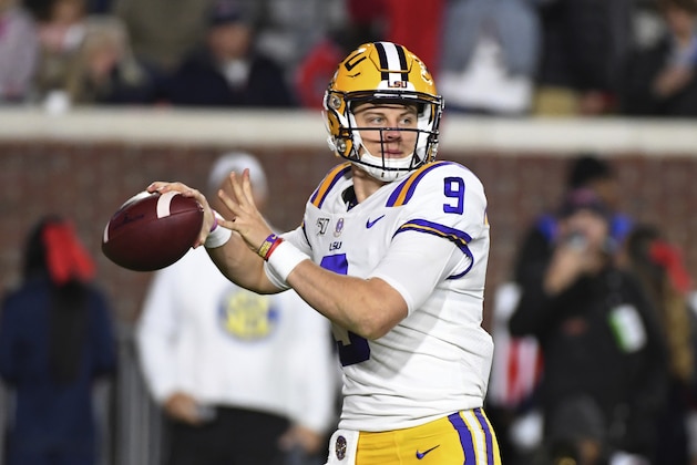 LSU quarterback Joe Burrow looks for a receiver during the first half of the team's NCAA college football game against Mississippi in Oxford, Miss., Saturday, Nov. 16, 2019. (AP Photo/Thomas Graning)