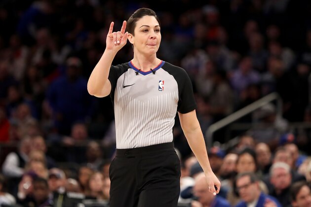 NEW YORK, NY - MARCH 23: NBA referee  Lauren Holtkamp officials the New York Knicks take on the Minnesota Timberwolves in the third quarter during their game at Madison Square Garden on March 23, 2018 in New York City. NOTE TO USER: User expressly acknowledges and agrees that, by downloading and or using this photograph, User is consenting to the terms and conditions of the Getty Images License Agreement.  (Photo by Abbie Parr/Getty Images)