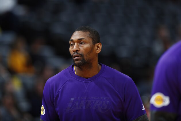 Los Angeles Lakers forward Metta World Peace (37) in the first half of an NBA basketball game Monday, March 13, 2017, in Denver. (AP Photo/David Zalubowski)