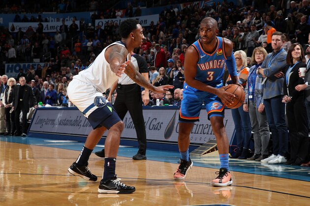 OKLAHOMA CITY, OK- DECEMBER 6: Chris Paul #3 of the Oklahoma City Thunder handles the ball against the Minnesota Timberwolves on December 6, 2019 at Chesapeake Energy Arena in Oklahoma City, Oklahoma. NOTE TO USER: User expressly acknowledges and agrees that, by downloading and or using this photograph, User is consenting to the terms and conditions of the Getty Images License Agreement. Mandatory Copyright Notice: Copyright 2019 NBAE (Photo by Zach Beeker/NBAE via Getty Images)