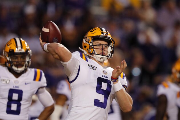 LSU quarterback Joe Burrow (9) warms up before an NCAA college football game against Texas A&M in Baton Rouge, La., Saturday, Nov. 30, 2019. (AP Photo/Gerald Herbert)