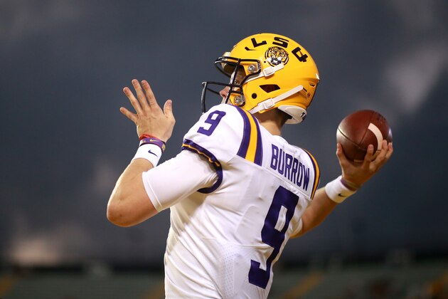 BATON ROUGE, LOUISIANA - NOVEMBER 30: Joe Burrow #9 of the LSU Tigers warms up prior to a game against the Texas A&M Aggies at Tiger Stadium on November 30, 2019 in Baton Rouge, Louisiana. (Photo by Sean Gardner/Getty Images)