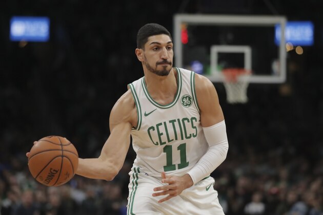 Boston Celtics center Enes Kanter (11) during the first quarter of an NBA basketball game in Boston, Monday, Nov. 11, 2019. (AP Photo/Charles Krupa)