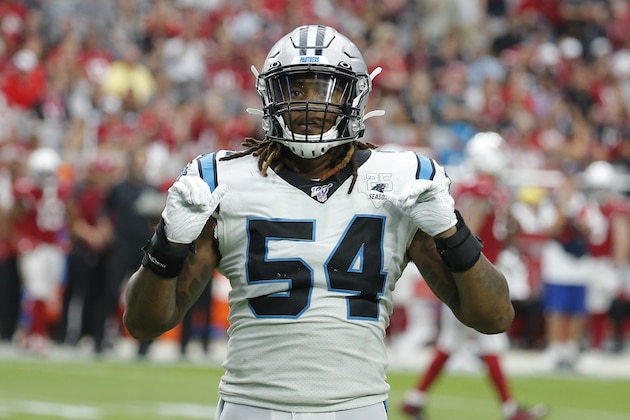 Carolina Panthers outside linebacker Shaq Thompson (54) during an NFL football game against the Arizona Cardinals, Sunday, Sept. 22, 2019, in Glendale, Ariz. (AP Photo/Rick Scuteri)