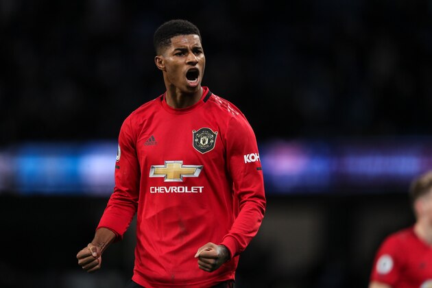 MANCHESTER, ENGLAND - DECEMBER 07: Marcus Rashford of Manchester United celebrates at full time during the Premier League match between Manchester City and Manchester United at Etihad Stadium on December 7, 2019 in Manchester, United Kingdom. (Photo by Matthew Ashton - AMA/Getty Images)