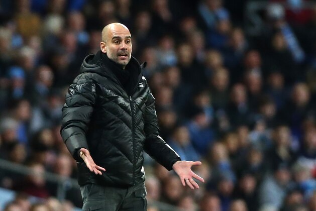 MANCHESTER, ENGLAND - DECEMBER 07:Manchester City Manager Pep Guardiola gestures  during the Premier League match between Manchester City and Manchester United at Etihad Stadium on December 07, 2019 in Manchester, United Kingdom. (Photo by Chloe Knott - Danehouse/Getty Images)