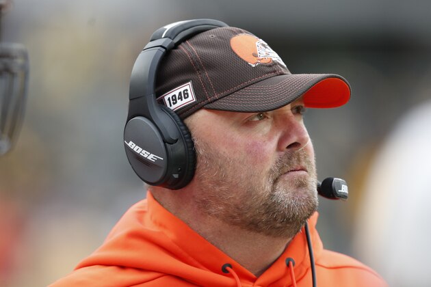 Cleveland Browns head coach Freddie Kitchens works against the Pittsburgh Steelers during an NFL football game, Sunday, Dec. 1, 2019, in Pittsburgh. (AP Photo/Don Wright)