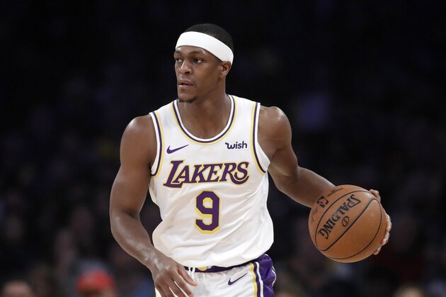 Los Angeles Lakers' Rajon Rondo (9) dribbles against the Dallas Mavericks during an NBA basketball game Sunday, Dec. 1, 2019 in Los Angeles. (AP Photo/Marcio Jose Sanchez)