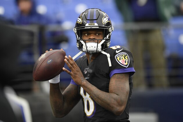 Baltimore Ravens quarterback Lamar Jackson (8) warms up before an NFL football game against the San Francisco 49ers, Sunday, Dec. 1, 2019, in Baltimore, Md. (AP Photo/Nick Wass)