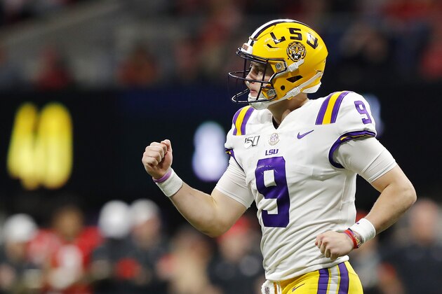 ATLANTA, GEORGIA - DECEMBER 07: Joe Burrow #9 of the LSU Tigers celebrates after throwing a touchdown pass to Terrace Marshall Jr. #6 (not pictured) in the third quarter against the Georgia Bulldogs during the SEC Championship game at Mercedes-Benz Stadium on December 07, 2019 in Atlanta, Georgia. (Photo by Kevin C. Cox/Getty Images) ATLANTA, GEORGIA - DECEMBER 07: Joe Burrow #9 of the LSU Tigers celebrates after throwing a touchdown pass to Terrace Marshall Jr. #6 (not pictured) in the third quarter against the Georgia Bulldogs during the SEC Championship game at Mercedes-Benz Stadium on December 07, 2019 in Atlanta, Georgia. (Photo by Kevin C. Cox/Getty Images)