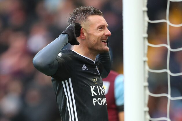 BIRMINGHAM, ENGLAND - DECEMBER 08: Jamie Vardy of Leicester City celebrates after scoring his team's first goal during the Premier League match between Aston Villa and Leicester City at Villa Park on December 08, 2019 in Birmingham, United Kingdom. (Photo by Catherine Ivill/Getty Images)