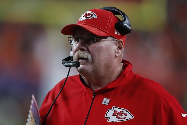 Kansas City Chiefs head coach Andy Reid during the first half of an NFL football game against the Denver Broncos, Thursday, Oct. 17, 2019, in Denver. (AP Photo/David Zalubowski) Kansas City Chiefs head coach Andy Reid during the first half of an NFL football game against the Denver Broncos, Thursday, Oct. 17, 2019, in Denver. (AP Photo/David Zalubowski)