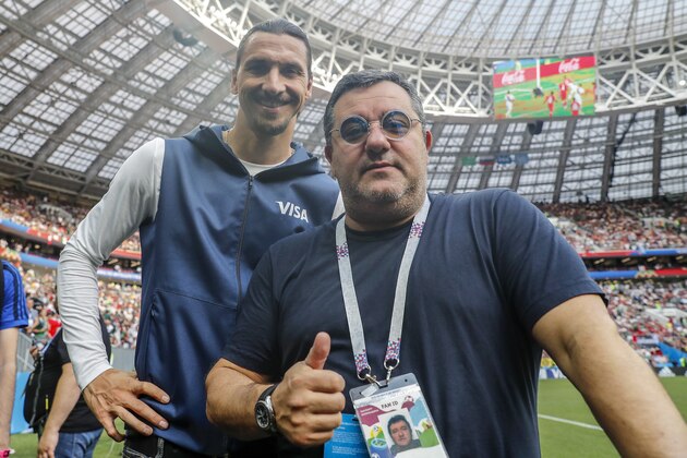 (L-R) Zlatan Ibrahimovic, players agent Mino Raiola during the 2018 FIFA World Cup Russia group F match between Germany and Mexico at the Luzhniki Stadium on June 17, 2018 in Moscow, Russia(Photo by VI Images via Getty Images)