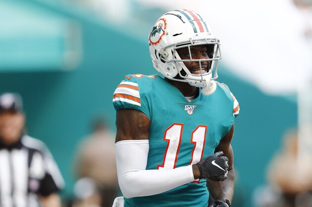 Miami Dolphins wide receiver DeVante Parker (11) smiles after a play, during the second half at an NFL football game against the Philadelphia Eagles, Sunday, Dec. 1, 2019, in Miami Gardens, Fla. (AP Photo/Brynn Anderson)