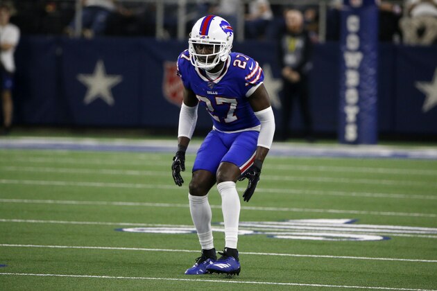 Buffalo Bills cornerback Tre'Davious White (27) lines up against the Dallas Cowboys during an NFL football game in Arlington, Texas, Thursday, Nov. 28, 2019. (AP Photo/Michael Ainsworth)