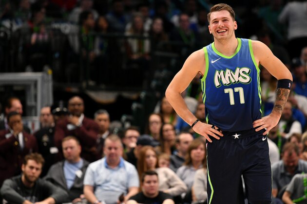 DALLAS, TX - DECEMBER 7: Luka Doncic #77 of the Dallas Mavericks smiles during the game against the New Orleans Pelicans on December 07, 2019 at the American Airlines Center in Dallas, Texas. NOTE TO USER: User expressly acknowledges and agrees that, by downloading and or using this photograph, User is consenting to the terms and conditions of the Getty Images License Agreement. Mandatory Copyright Notice: Copyright 2019 NBAE (Photo by Glenn James/NBAE via Getty Images)