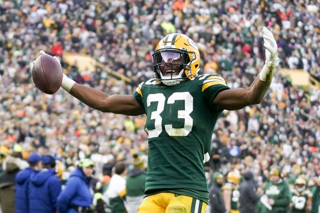 Green Bay Packers' Aaron Jones reacts after his first down run during the second half of an NFL football game against the Washington Redskins Sunday, Dec. 8, 2019, in Green Bay, Wis. (AP Photo/Morry Gash) Green Bay Packers' Aaron Jones reacts after his first down run during the second half of an NFL football game against the Washington Redskins Sunday, Dec. 8, 2019, in Green Bay, Wis. (AP Photo/Morry Gash)