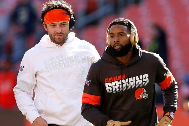 CLEVELAND, OH - OCTOBER 13:  Baker Mayfield #6 of the Cleveland Browns and Odell Beckham Jr. #13 warm up prior to the start of the game against the Seattle Seahawks at FirstEnergy Stadium on October 13, 2019 in Cleveland, Ohio. Seattle defeated Cleveland 32-28. (Photo by Kirk Irwin/Getty Images)