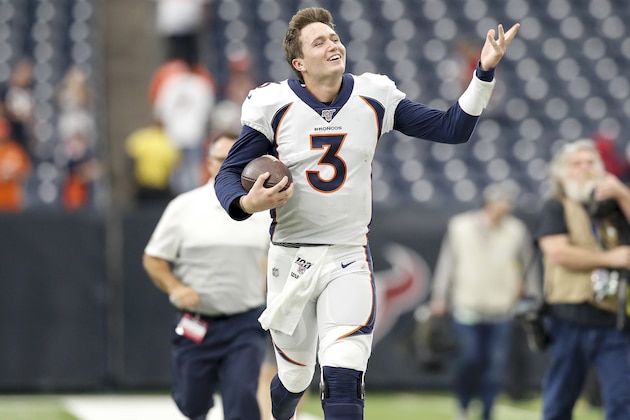 HOUSTON, TX - DECEMBER 08: Drew Lock #3 of the Denver Broncos celebrates as he heads to the locker room after the game against the Houston Texans at NRG Stadium on December 8, 2019 in Houston, Texas. (Photo by Tim Warner/Getty Images) HOUSTON, TX - DECEMBER 08: Drew Lock #3 of the Denver Broncos celebrates as he heads to the locker room after the game against the Houston Texans at NRG Stadium on December 8, 2019 in Houston, Texas. (Photo by Tim Warner/Getty Images)