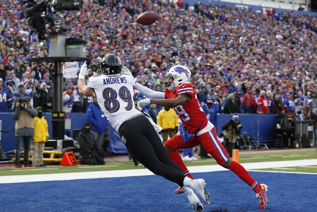 ORCHARD PARK, NY - DECEMBER 8:  Levi Wallace #39 of the Buffalo Bills tries to knock down a pass to Mark Andrews #89 of the Baltimore Ravens during the first half at New Era Field on December 8, 2019 in Orchard Park, New York.  (Photo by Timothy T Ludwig/Getty Images)
