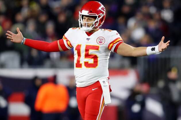 FOXBOROUGH, MASSACHUSETTS - DECEMBER 08: Patrick Mahomes #15 of the Kansas City Chiefs celebrates after Mecole Hardman #17 scored a touchdown against the New England Patriots at Gillette Stadium on December 08, 2019 in Foxborough, Massachusetts. (Photo by Maddie Meyer/Getty Images)