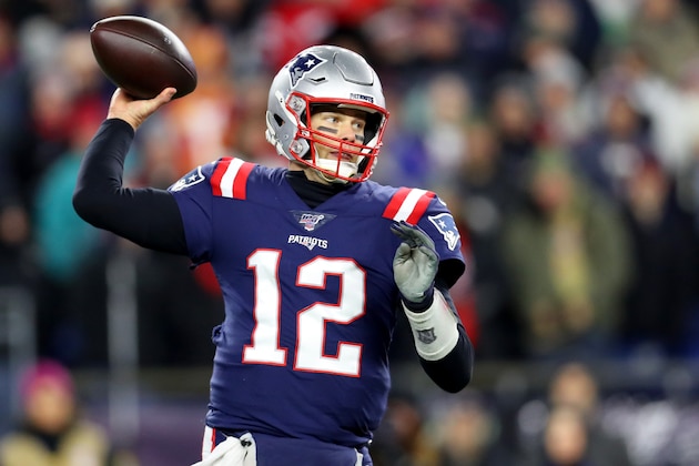 FOXBOROUGH, MASSACHUSETTS - DECEMBER 08: Tom Brady #12 of the New England Patriots makes a pass against the Kansas City Chiefs  at Gillette Stadium on December 08, 2019 in Foxborough, Massachusetts. (Photo by Maddie Meyer/Getty Images)