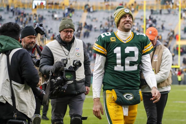 Green Bay Packers' Aaron Rodgers walks off the field after an NFL football game against the Washington Redskins Sunday, Dec. 8, 2019, in Green Bay, Wis. The Packers won 20-15. (AP Photo/Matt Ludtke)
