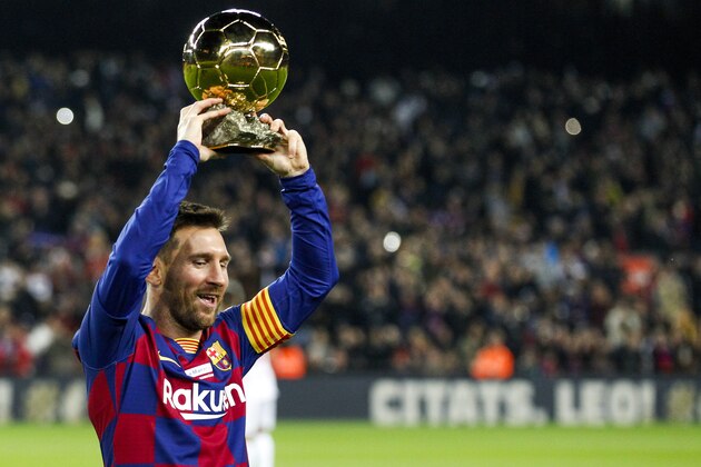 BARCELONA, SPAIN - DECEMBER 7: Lionel Messi of FC Barcelona with the golden ball during the La Liga Santander  match between FC Barcelona v Real Mallorca at the Camp Nou on December 7, 2019 in Barcelona Spain (Photo by David S. Bustamante/Soccrates/Getty Images)