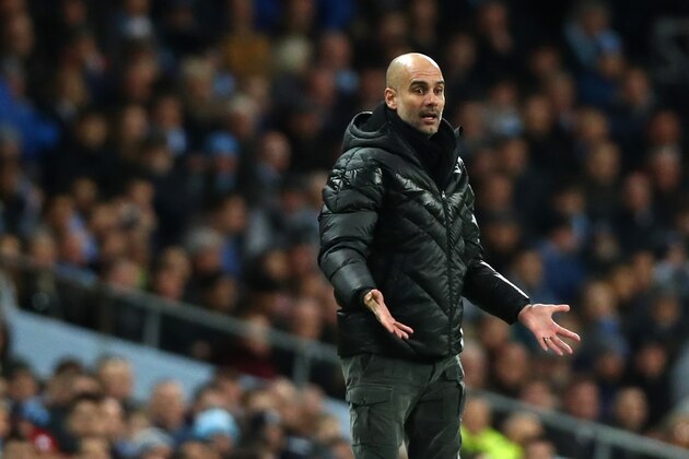 MANCHESTER, ENGLAND - DECEMBER 07: Manchester City Manager Pep Guardiola gestures  during the Premier League match between Manchester City and Manchester United at Etihad Stadium on December 07, 2019 in Manchester, United Kingdom. (Photo by Chloe Knott - Danehouse/Getty Images)