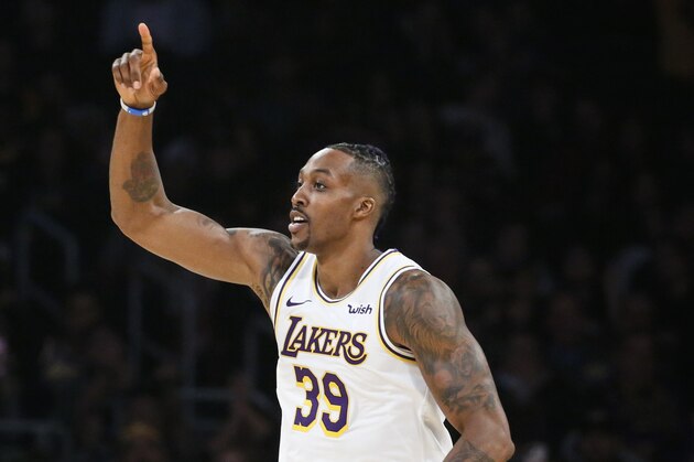 Los Angeles Lakers' Dwight Howard (39) celebrates during an NBA basketball game between Los Angeles Lakers and Minnesota Timberwolves, Sunday, Dec. 8, 2019, in Los Angeles. The Lakers won 142-125. (AP Photo/Ringo H.W. Chiu)