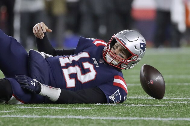 New England Patriots quarterback Tom Brady lands on the turf after being sacked by Kansas City Chiefs defensive end Chris Jones in the second half of an NFL football game, Sunday, Dec. 8, 2019, in Foxborough, Mass. (AP Photo/Elise Amendola) New England Patriots quarterback Tom Brady lands on the turf after being sacked by Kansas City Chiefs defensive end Chris Jones in the second half of an NFL football game, Sunday, Dec. 8, 2019, in Foxborough, Mass. (AP Photo/Elise Amendola)