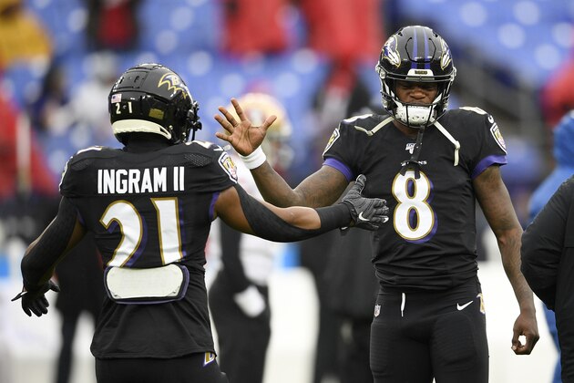 Baltimore Ravens quarterback Lamar Jackson (8) and running back Mark Ingram (21) react during warms ups before an NFL football game against the San Francisco 49ers, Sunday, Dec. 1, 2019, in Baltimore, Md. (AP Photo/Nick Wass)
