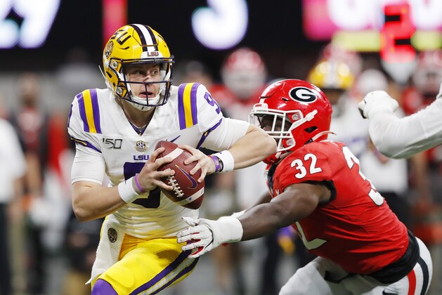 ATLANTA, GEORGIA - DECEMBER 07: Joe Burrow #9 of the LSU Tigers looks to pass in the first half against the Georgia Bulldogs during the SEC Championship game at Mercedes-Benz Stadium on December 07, 2019 in Atlanta, Georgia. (Photo by Kevin C. Cox/Getty Images)