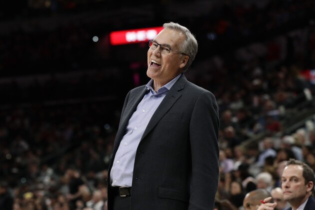 Houston Rockets head coach Mike D'Antoni during the second half of an NBA basketball game, in San Antonio, Tuesday, Dec. 3, 2019. San Antonio won 135-133 in double overtime. (AP Photo/Eric Gay)