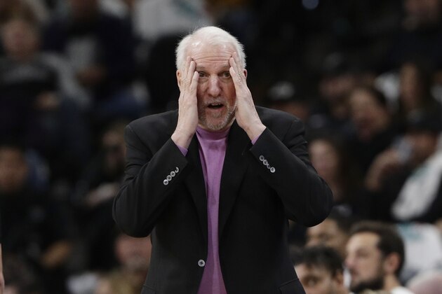 San Antonio Spurs head coach Gregg Popovich during the first half of an NBA basketball game against the Sacramento Kings, in San Antonio, Friday, Dec. 6, 2019. (AP Photo/Eric Gay)