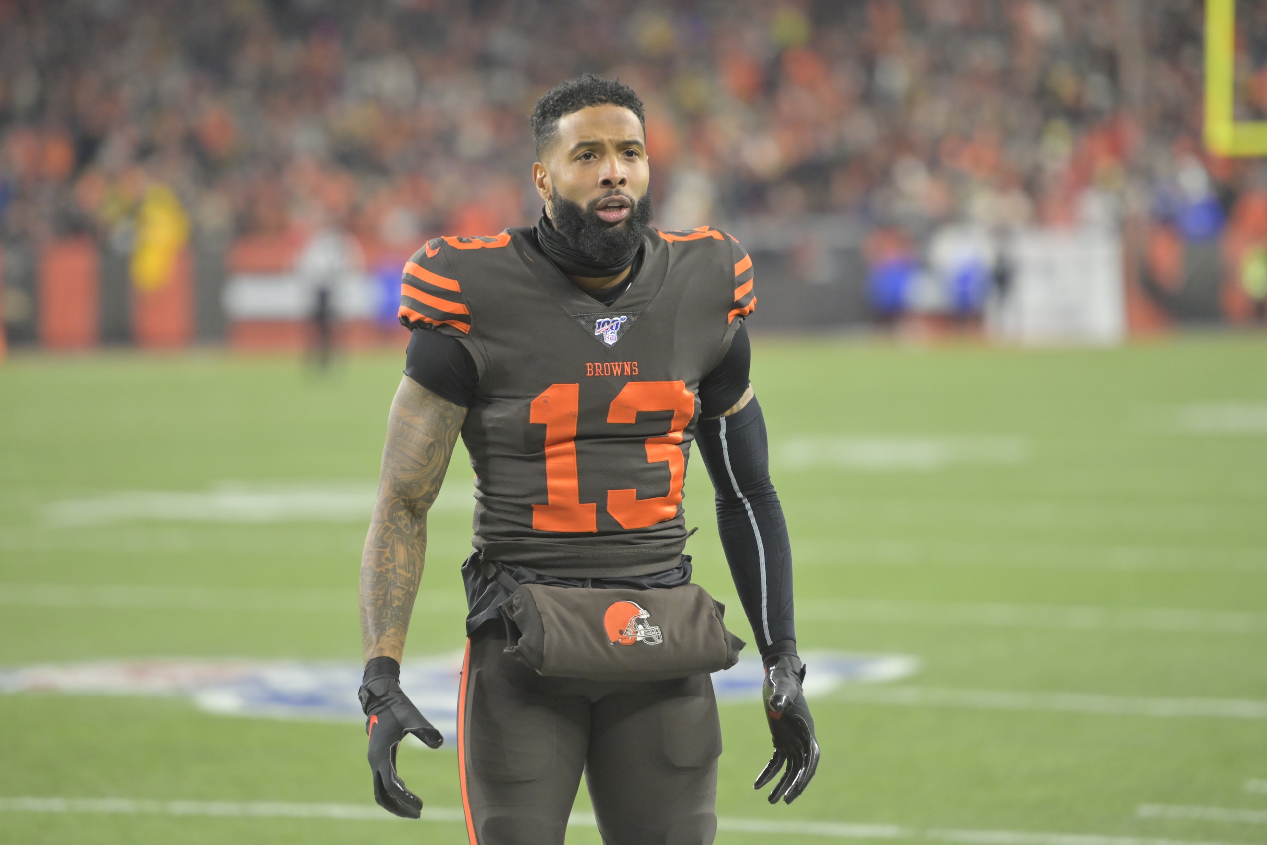 Cleveland Browns wide receiver Odell Beckham Jr. (13) celebrates in the second quarter of an NFL football game against the Pittsburgh Steelers, Thursday, Nov. 14, 2019, in Cleveland. The Browns won 21-7. (AP Photo/David Richard)