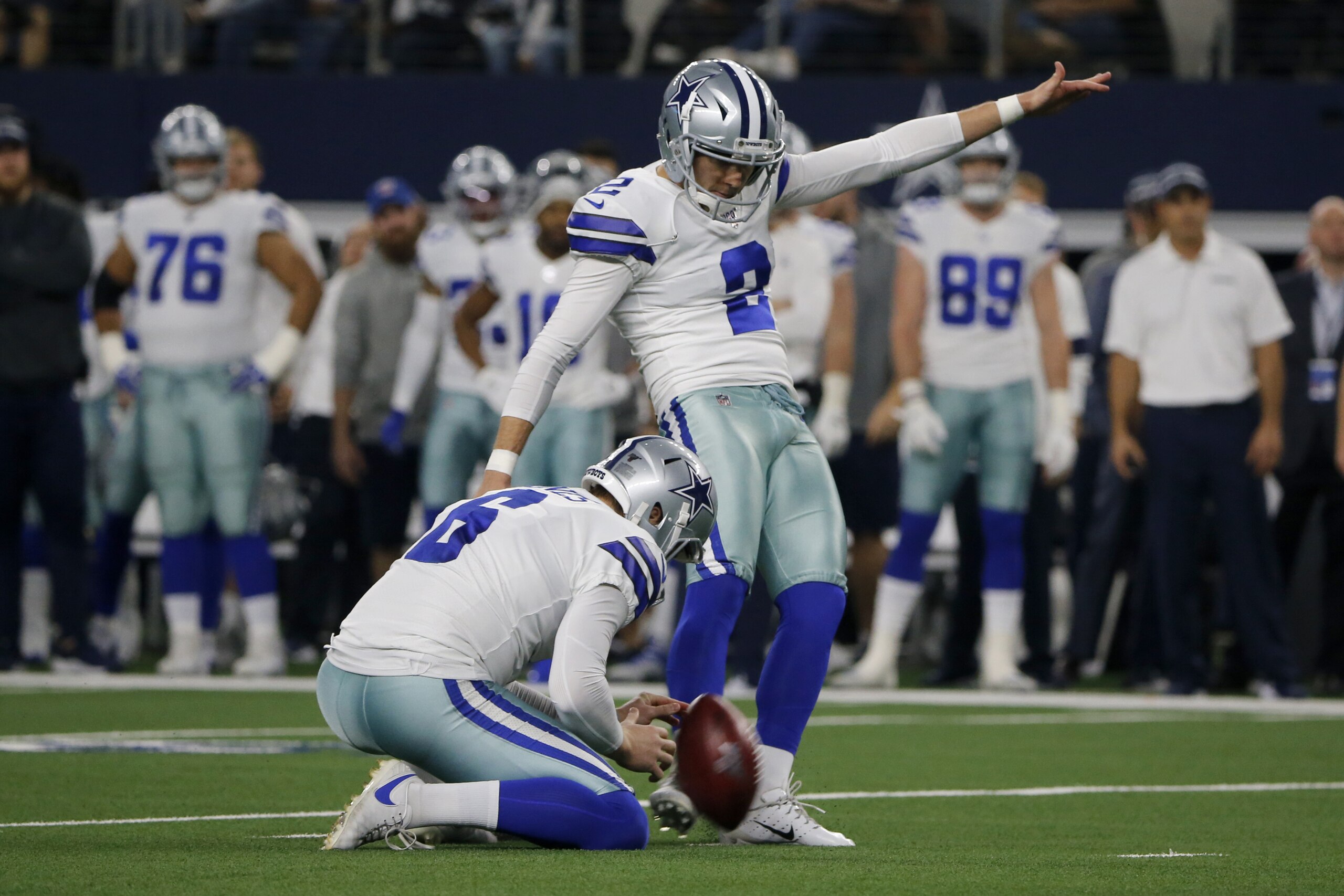 Dallas Cowboys' Chris Jones (6) holds as place kicker Brett Maher (2) kicks the ball during an NFL football game against the Buffalo Bills in Arlington, Texas, Thursday, Nov. 28, 2019. (AP Photo/Michael Ainsworth) Dallas Cowboys' Chris Jones (6) holds as place kicker Brett Maher (2) kicks the ball during an NFL football game against the Buffalo Bills in Arlington, Texas, Thursday, Nov. 28, 2019. (AP Photo/Michael Ainsworth)
