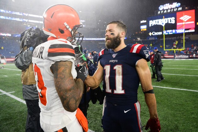 FOXBOROUGH, MA - OCTOBER 27: Odell Beckham Jr. #13 of the Cleveland Browns shakes hands with Julian Edelman #11 of the New England Patriots following the game at Gillette Stadium on October 27, 2019 in Foxborough, Massachusetts. (Photo by Kathryn Riley/Getty Images)