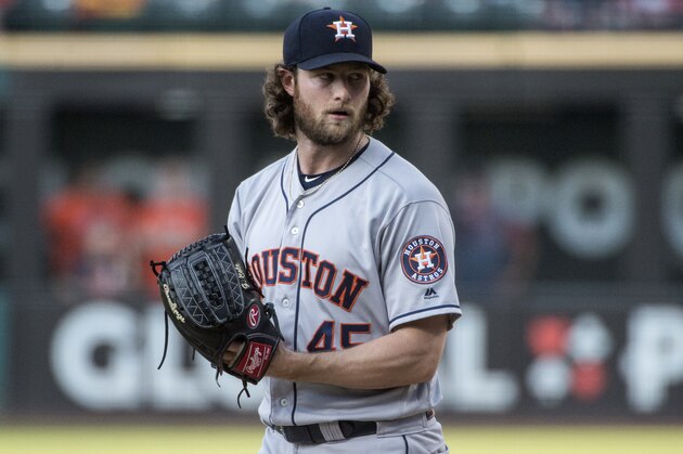 Houston Astros starting pitcher Gerrit Cole prepares to deliver against the Cleveland Indians during a baseball game in Cleveland, Thursday, Aug. 1, 2019. (AP Photo/Phil Long)