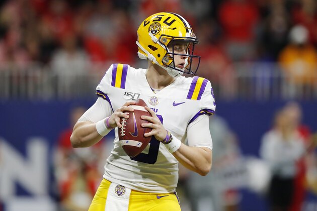 ATLANTA, GEORGIA - DECEMBER 07: Joe Burrow #9 of the LSU Tigers looks to pass in the first half against the Georgia Bulldogs during the SEC Championship game at Mercedes-Benz Stadium on December 07, 2019 in Atlanta, Georgia. (Photo by Kevin C. Cox/Getty Images) ATLANTA, GEORGIA - DECEMBER 07: Joe Burrow #9 of the LSU Tigers looks to pass in the first half against the Georgia Bulldogs during the SEC Championship game at Mercedes-Benz Stadium on December 07, 2019 in Atlanta, Georgia. (Photo by Kevin C. Cox/Getty Images)