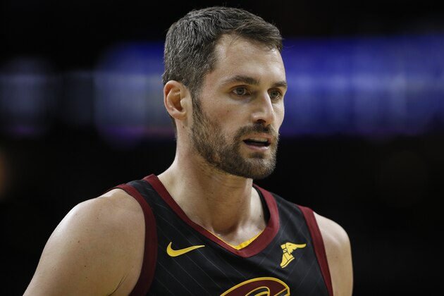 Cleveland Cavaliers' Kevin Love plays during an NBA basketball game against the Philadelphia 76ers, Saturday, Dec. 7, 2019, in Philadelphia. (AP Photo/Matt Slocum)