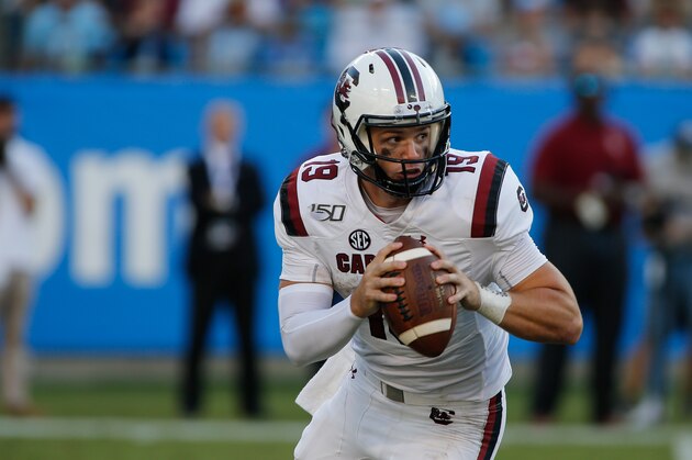 South Carolina quarterback Jake Bentley looks to pass against North Carolina in an NCAA college football game in Charlotte, N.C., Saturday, Aug. 31, 2019. (AP Photo/Nell Redmond)