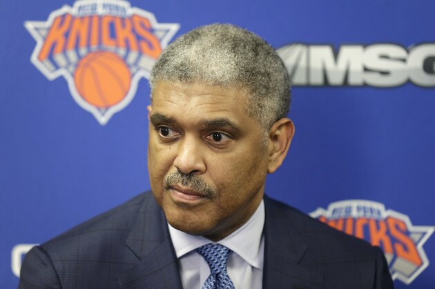 New York Knicks' president Steve Mills speaks to reporters at a news conference in Tarrytown, N.Y., Thursday, April 12, 2018. The Knicks fired coach Jeff Hornacek early Thursday, making the decision shortly after beating Cleveland on Wednesday night to finish a 29-53 season. They lost more than 50 games and missed the playoffs both seasons under Hornacek. (AP Photo/Seth Wenig)