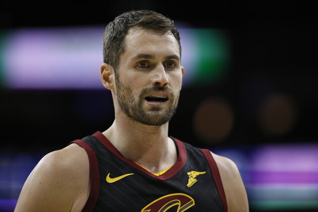 Cleveland Cavaliers' Kevin Love plays during an NBA basketball game against the Philadelphia 76ers, Saturday, Dec. 7, 2019, in Philadelphia. (AP Photo/Matt Slocum)