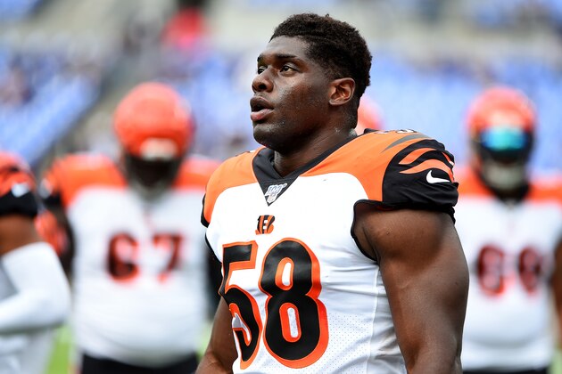 BALTIMORE, MD - OCTOBER 13: Carl Lawson #58 of the Cincinnati Bengals looks on during the first half against the Baltimore Ravens at M&T Bank Stadium on October 13, 2019 in Baltimore, Maryland. (Photo by Will Newton/Getty Images)
